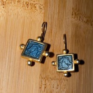 Anthropologie gold and blue horse earrings